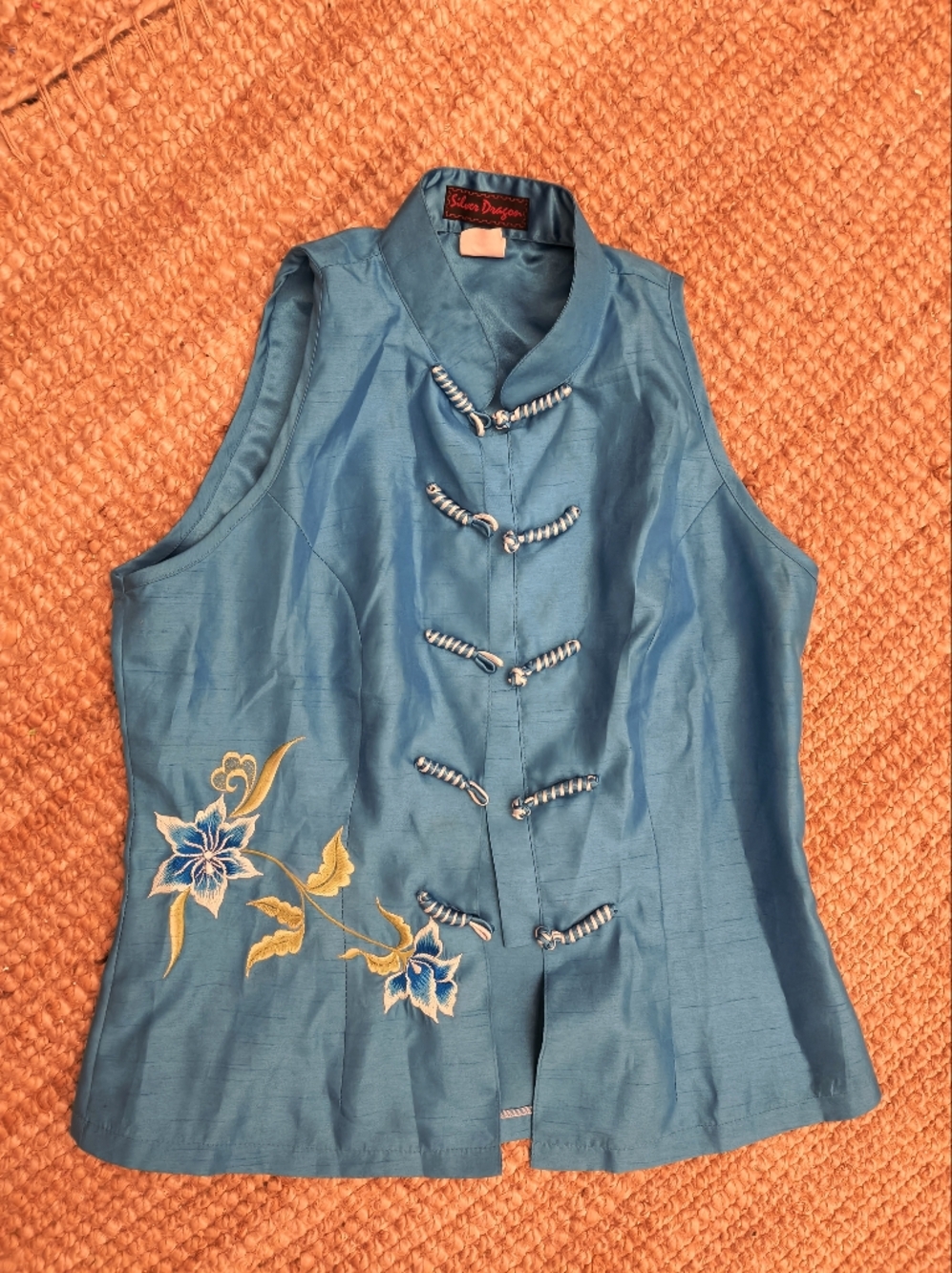 Blue Silk Embroidered Mandarin-Collar Sleeveless Top